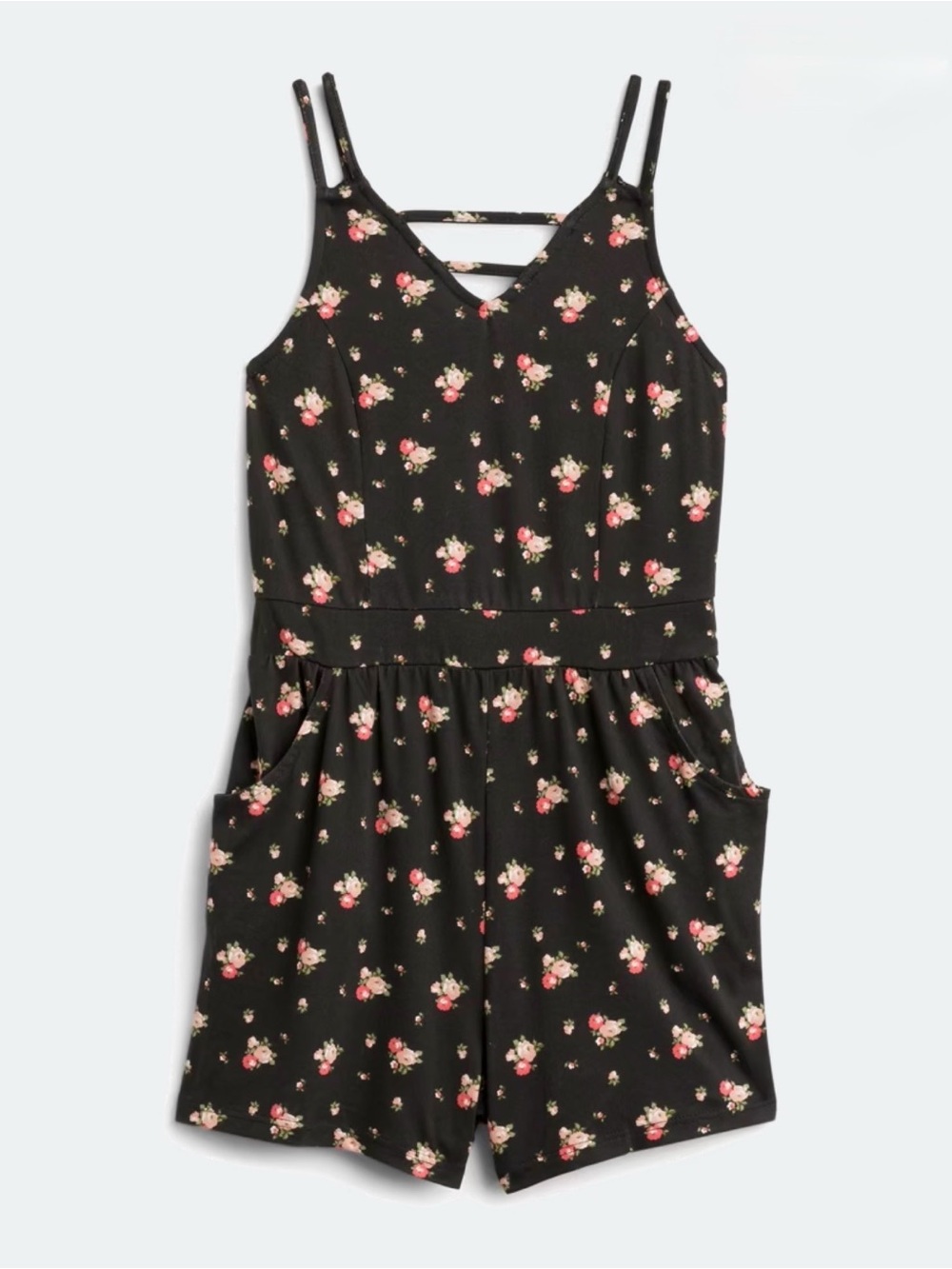 NWT Chenault Girl Floral Black Romper Lattice with Pockets Size 14
